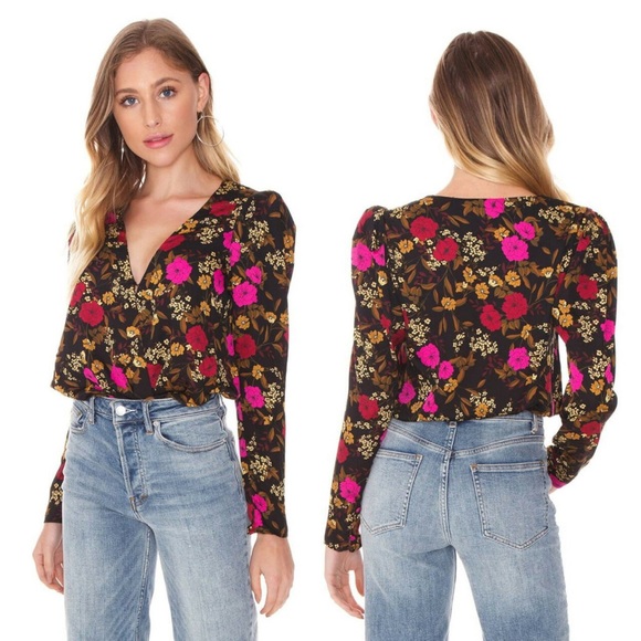 ASTR Blondie Floral Surplice Bodysuit Puff Long Sleeve V-Neck Black S - Picture 10 of 11